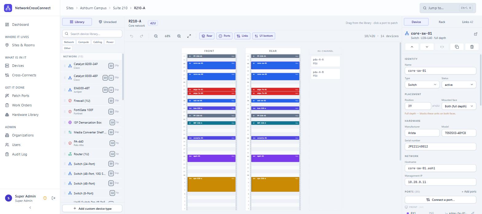 The rack designer showing R210-A: front and rear elevations side by side, a device
                library on the left to drag from, a 0U channel holding two vertical PDUs, and the
                selected switch open in the inspector on the right.